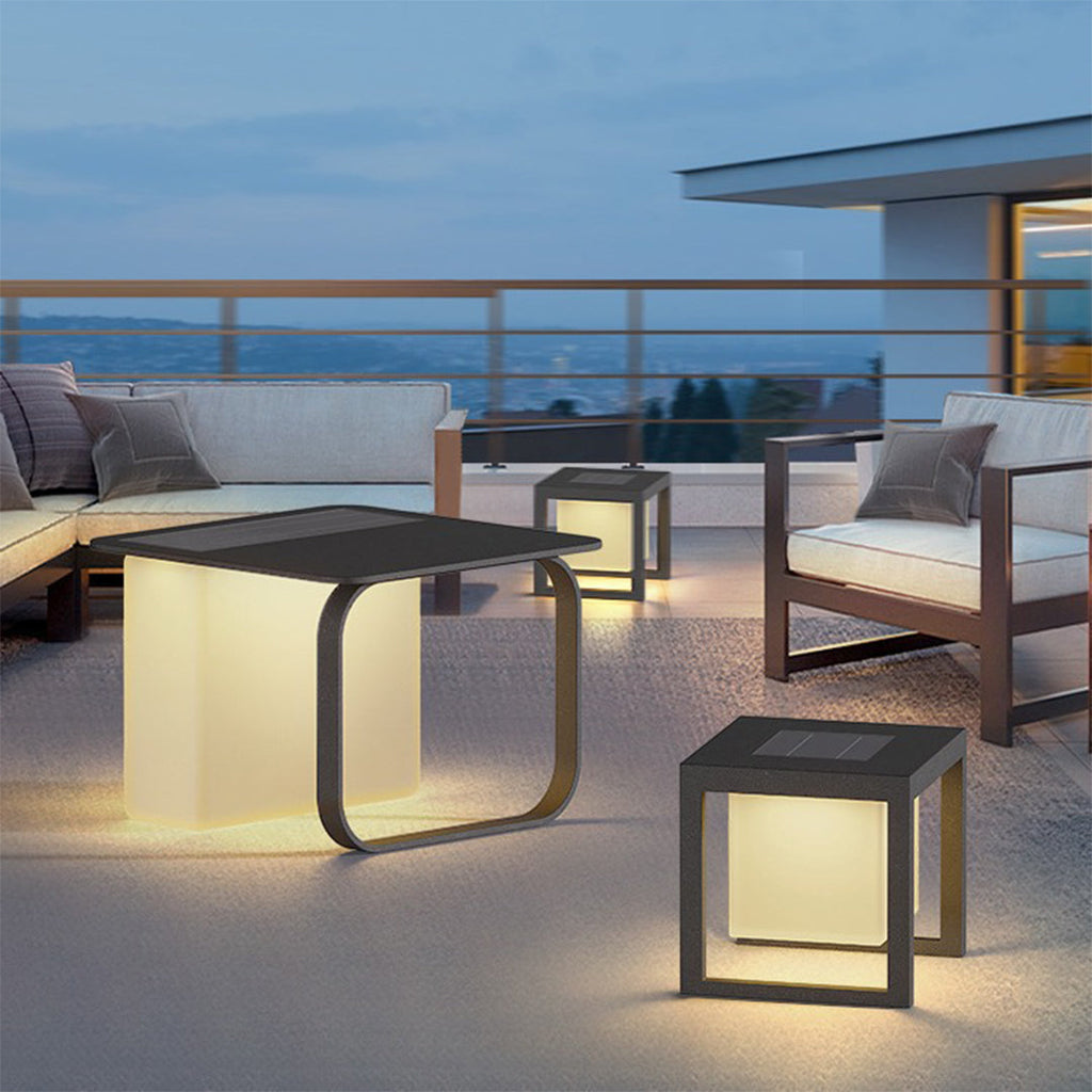 1. "HARTWELL SOLAR TABLE LAMP WITH INTEGRATED SIDE TABLE"  
   - Features a solar-powered lamp with a sleek side table, perfect for outdoor lounging.

2. "WINTHORPE SOLAR-CHARGED LAMP AND ACCENT TABLE"  
   - Combines a solar-powered light source with a s