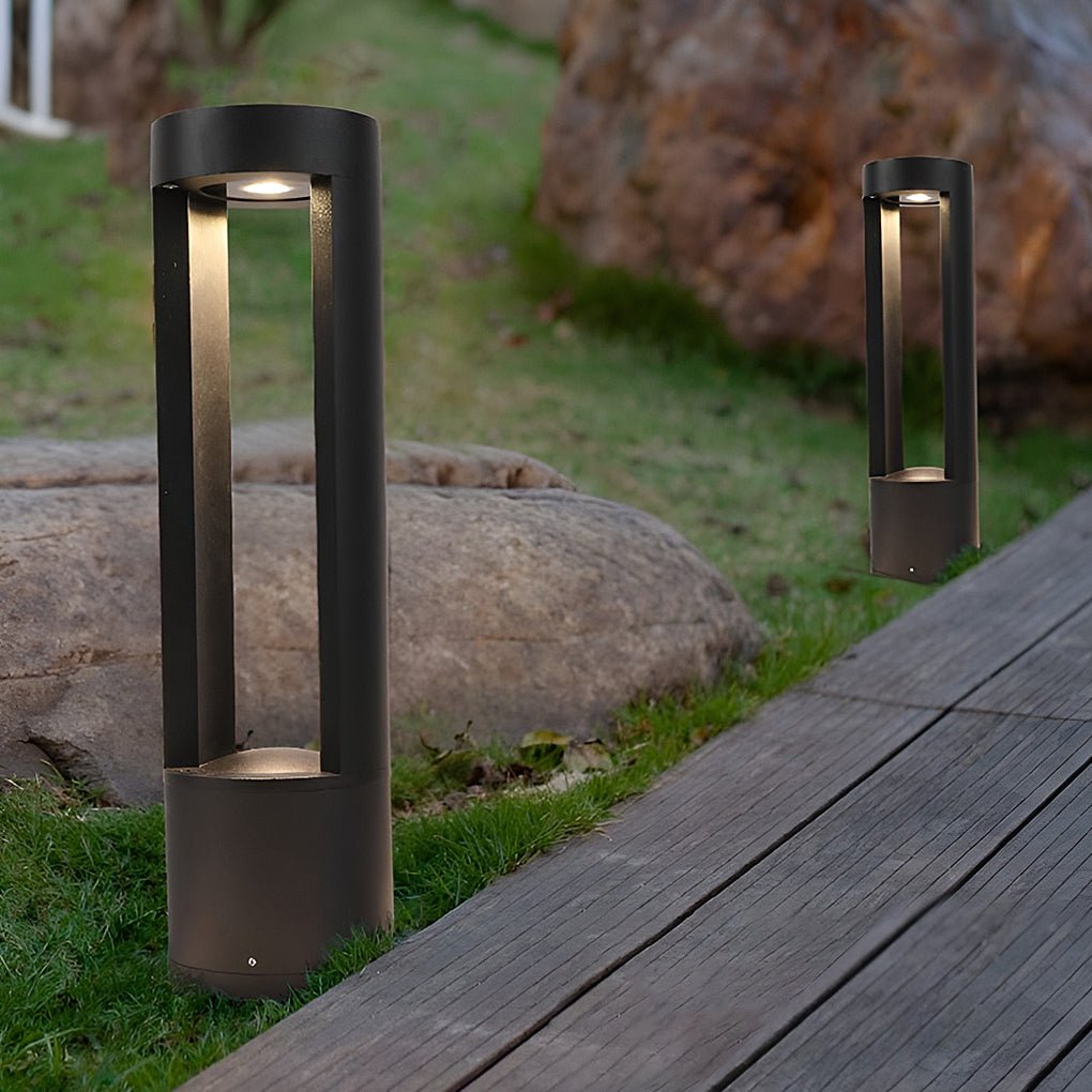 WINTHORPE AQUA GUARDIAN OUTDOOR BOLLARD LANTERN, HOLLOW CYLINDRICAL BLACK DESIGN FOR STYLISH EXTERIOR ILLUMINATION