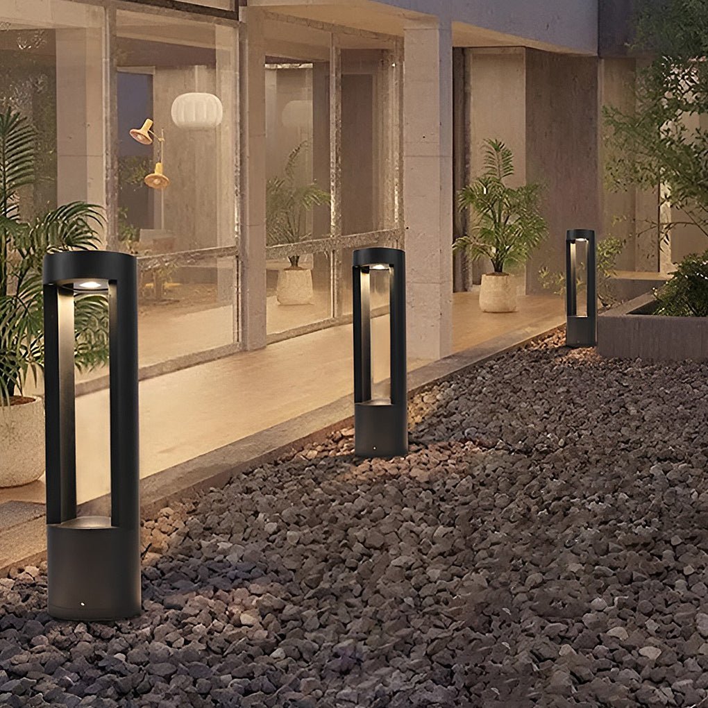 WINTHORPE AQUA GUARDIAN OUTDOOR BOLLARD LANTERN, HOLLOW CYLINDRICAL BLACK DESIGN FOR STYLISH EXTERIOR ILLUMINATION