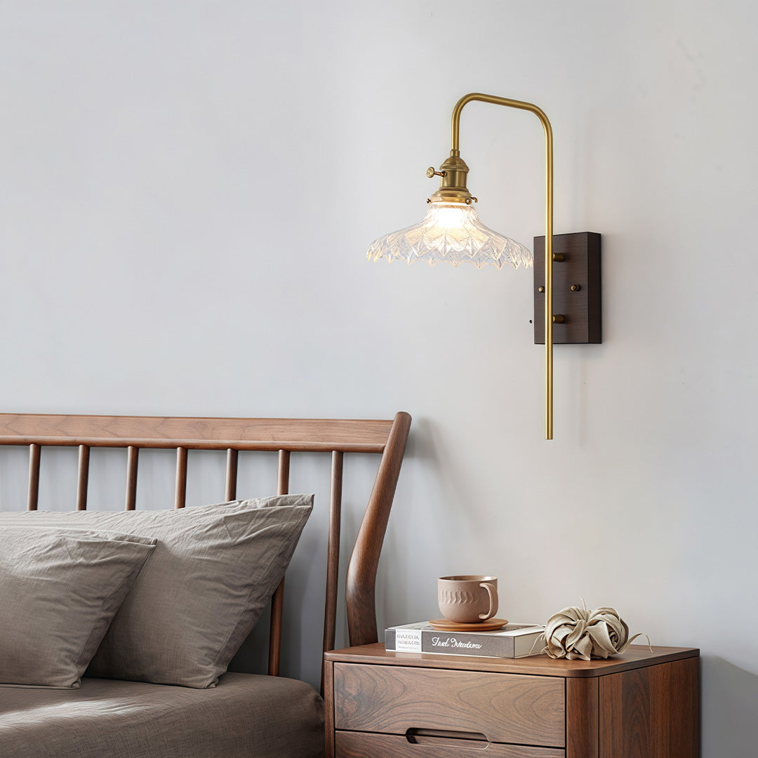 TAKASHI WAVE GLASS SCONCE WITH IRON FRAME AND RUBBERWOOD ACCENTS