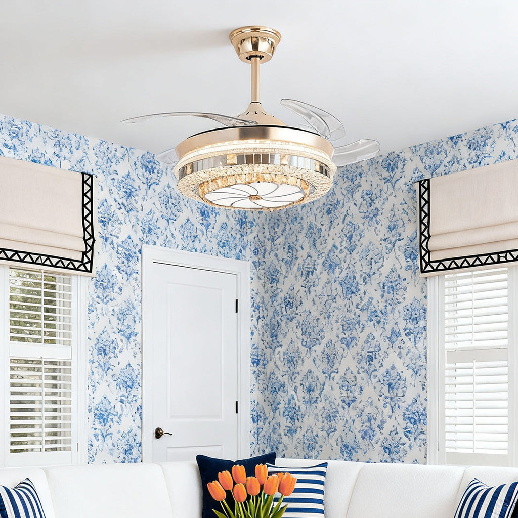 WINDSOR CRYSTAL-ENCRUSTED CEILING FAN WITH INVISIBLE LIGHTING AND FOUR BLADES