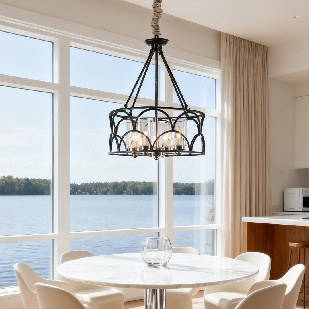 WINTHROP VINTAGE BLACK METAL AND GLASS CEILING CHANDELIER