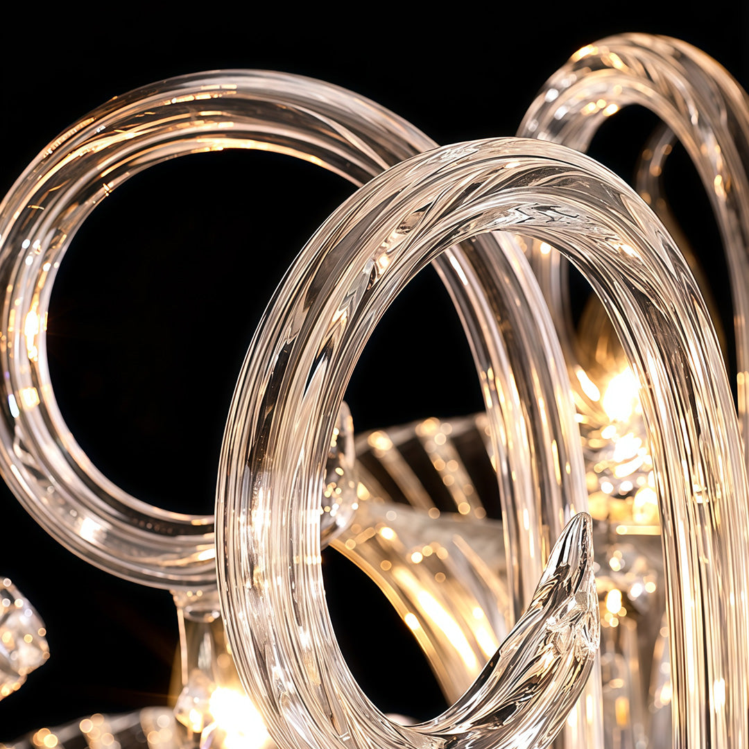 1. **LAVENDULA CRYSTAL SPIRAL CHANDELIER** - A stunning cascade of hand-blown glass in soft lavender hues, designed to illuminate spaces with a graceful twist.

2. **WILLOWSHIRE ARTISAN GLASS CEILING LANTERN** - A captivating blend of intricate glasswork