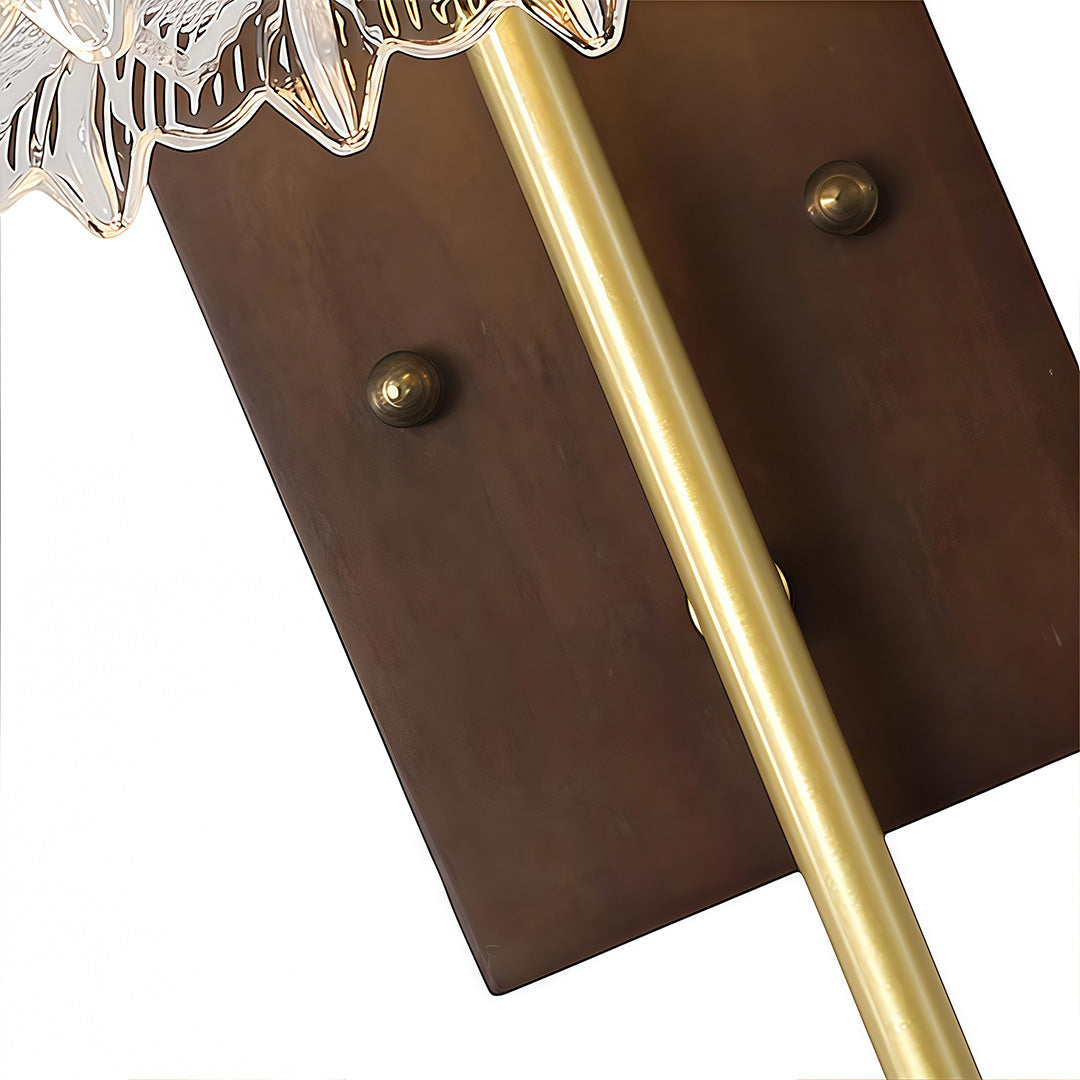TAKASHI WAVE GLASS SCONCE WITH IRON FRAME AND RUBBERWOOD ACCENTS