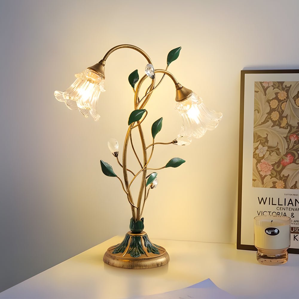 WINTERBOURNE DUAL-LIGHT FLORAL DESK LAMP WITH DIMMABLE GLASS AND LEAF DECOR
