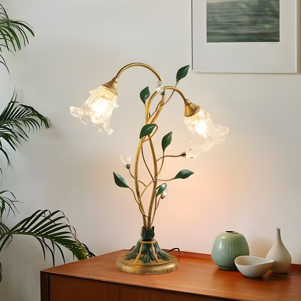 WINTERBOURNE DUAL-LIGHT FLORAL DESK LAMP WITH DIMMABLE GLASS AND LEAF DECOR