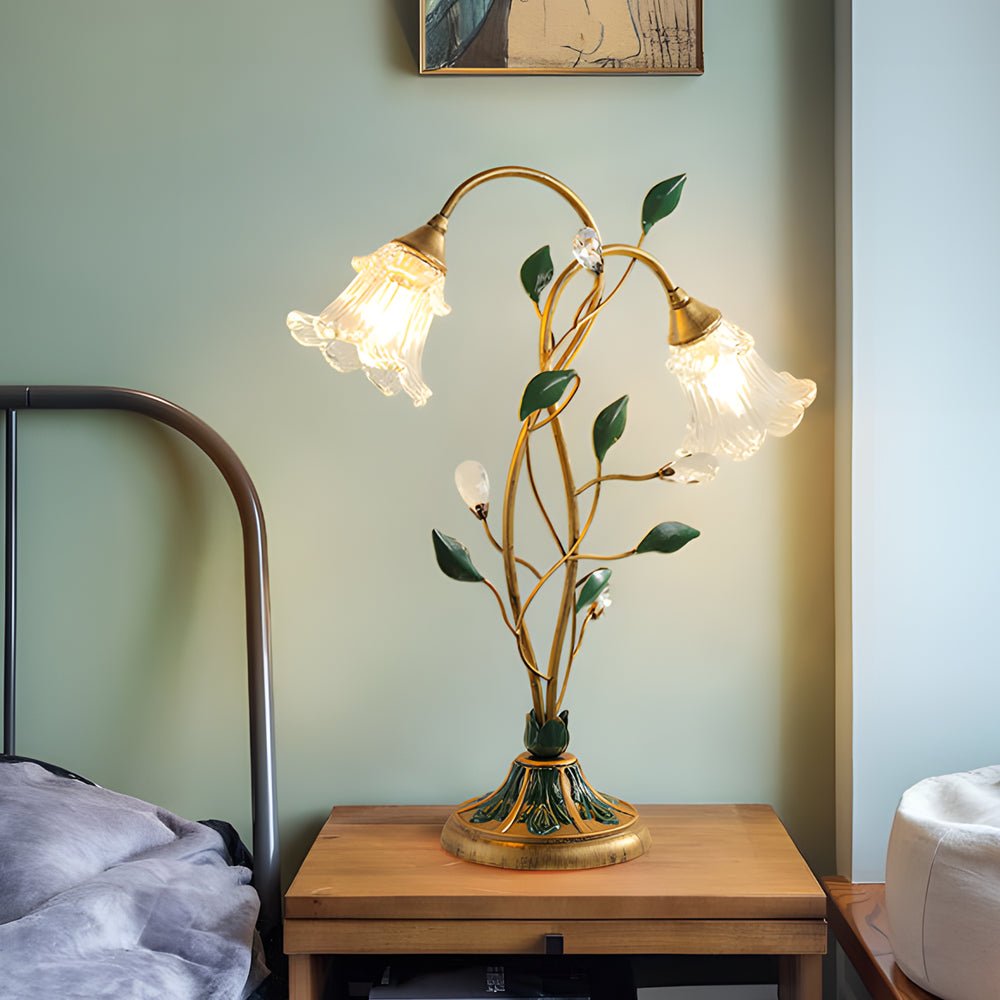 WINTERBOURNE DUAL-LIGHT FLORAL DESK LAMP WITH DIMMABLE GLASS AND LEAF DECOR