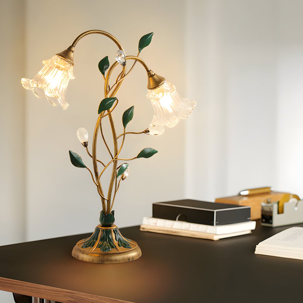 WINTERBOURNE DUAL-LIGHT FLORAL DESK LAMP WITH DIMMABLE GLASS AND LEAF DECOR