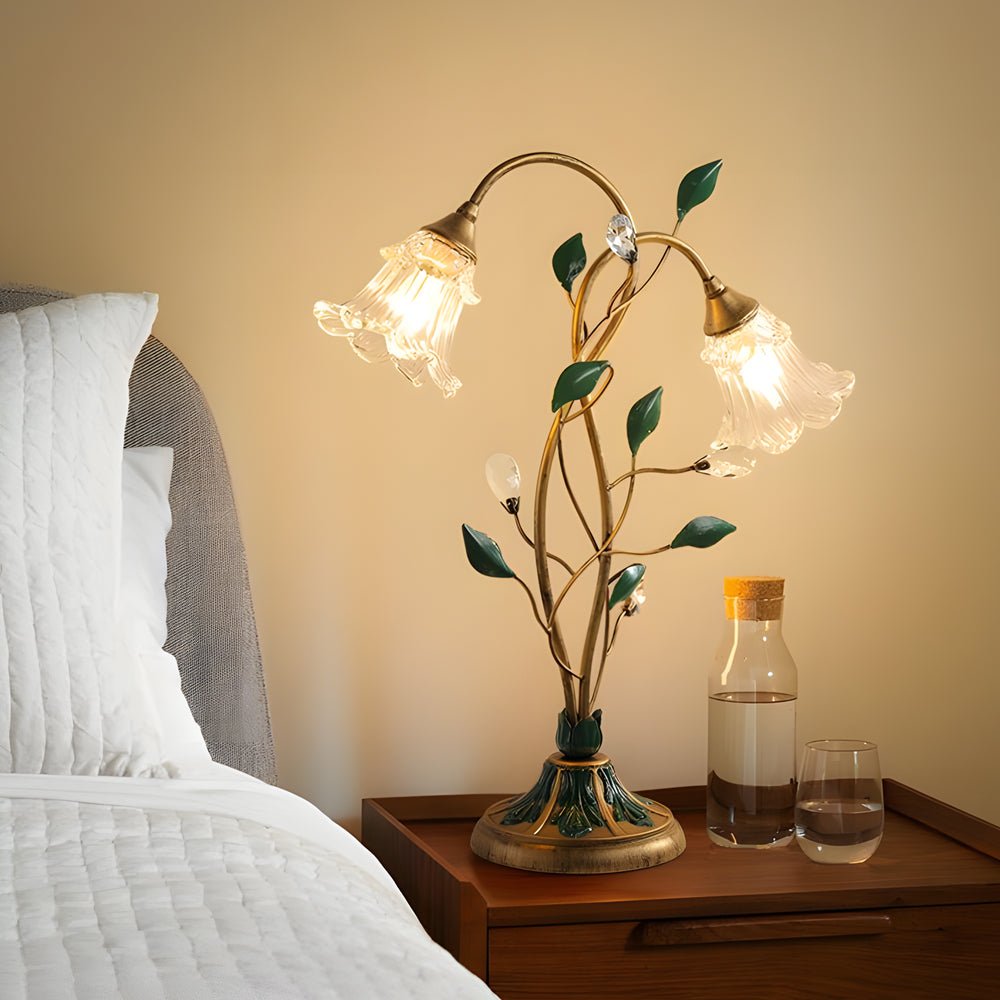 WINTERBOURNE DUAL-LIGHT FLORAL DESK LAMP WITH DIMMABLE GLASS AND LEAF DECOR