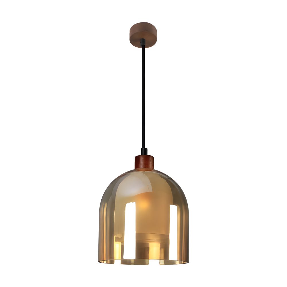 WINDSOR BROWN WOODEN PENDANT LIGHT WITH DOUBLE GLASS SHADE