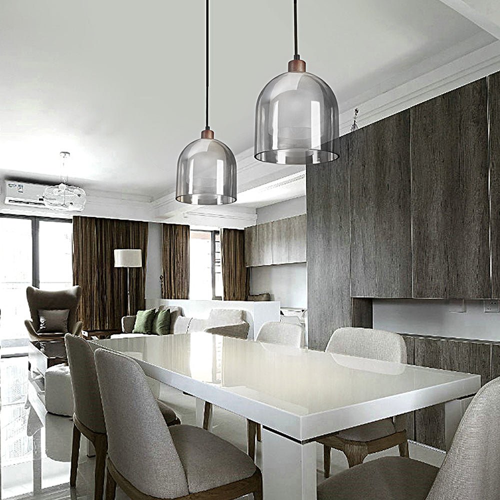 WINDSOR BROWN WOODEN PENDANT LIGHT WITH DOUBLE GLASS SHADE