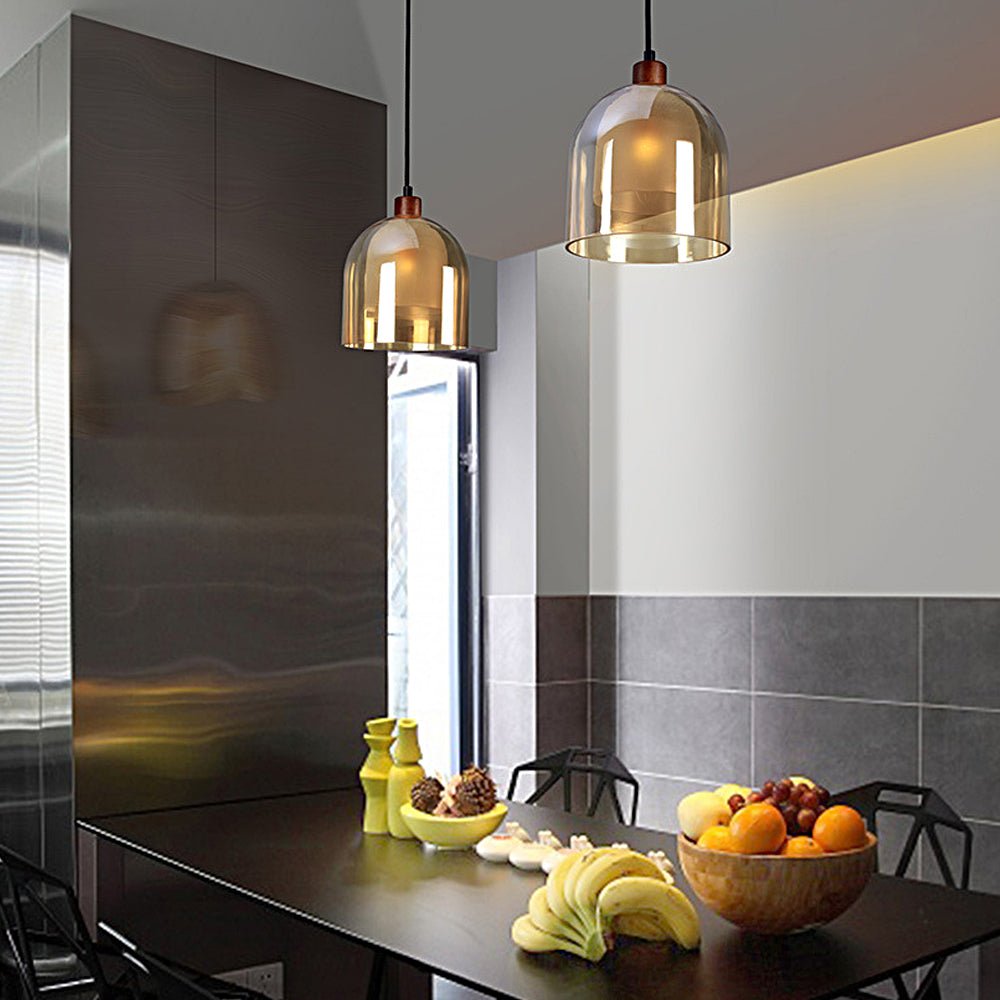 WINDSOR BROWN WOODEN PENDANT LIGHT WITH DOUBLE GLASS SHADE