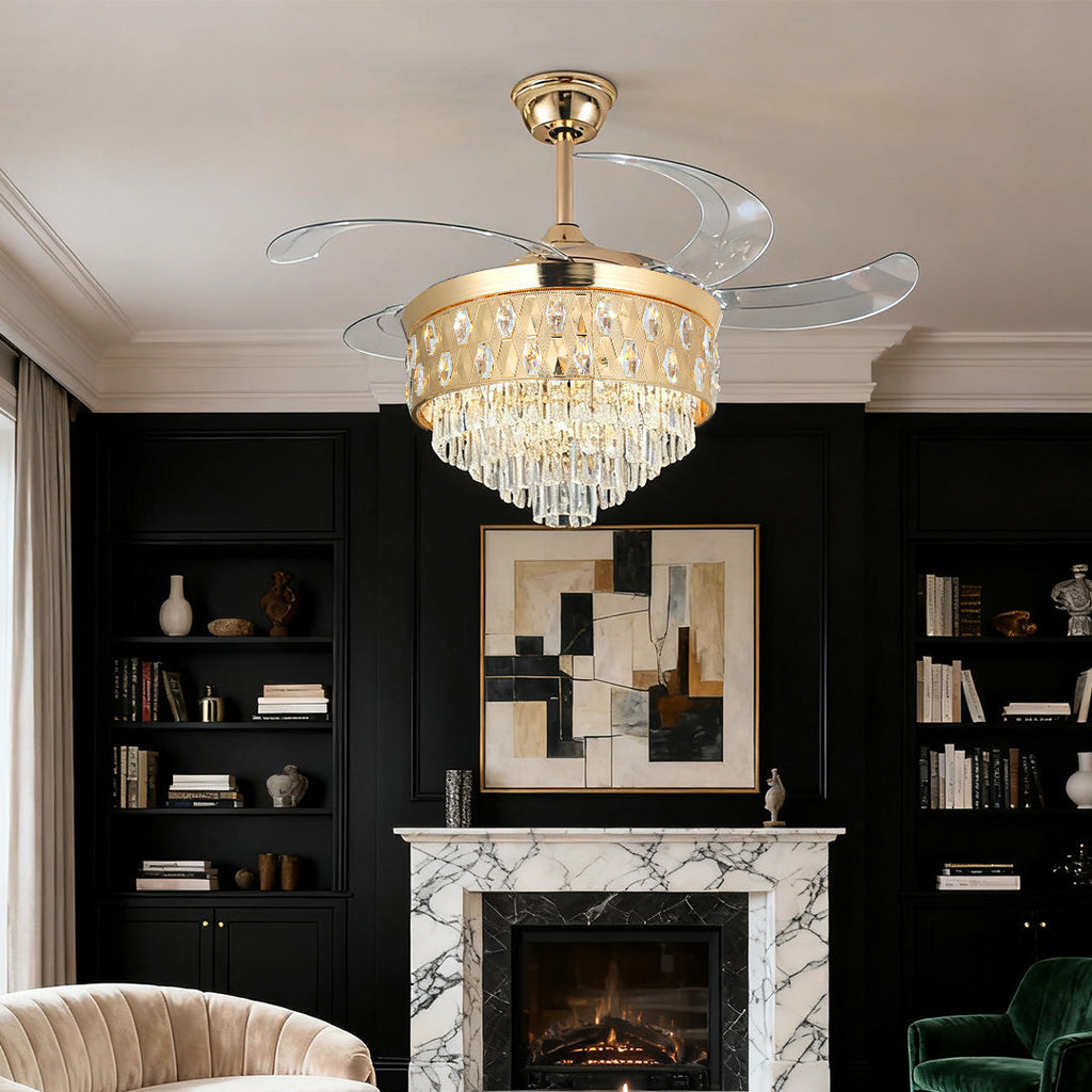 CHARLESTON CRYSTAL FROSTED CEILING FAN WITH GOLD IRON FRAME