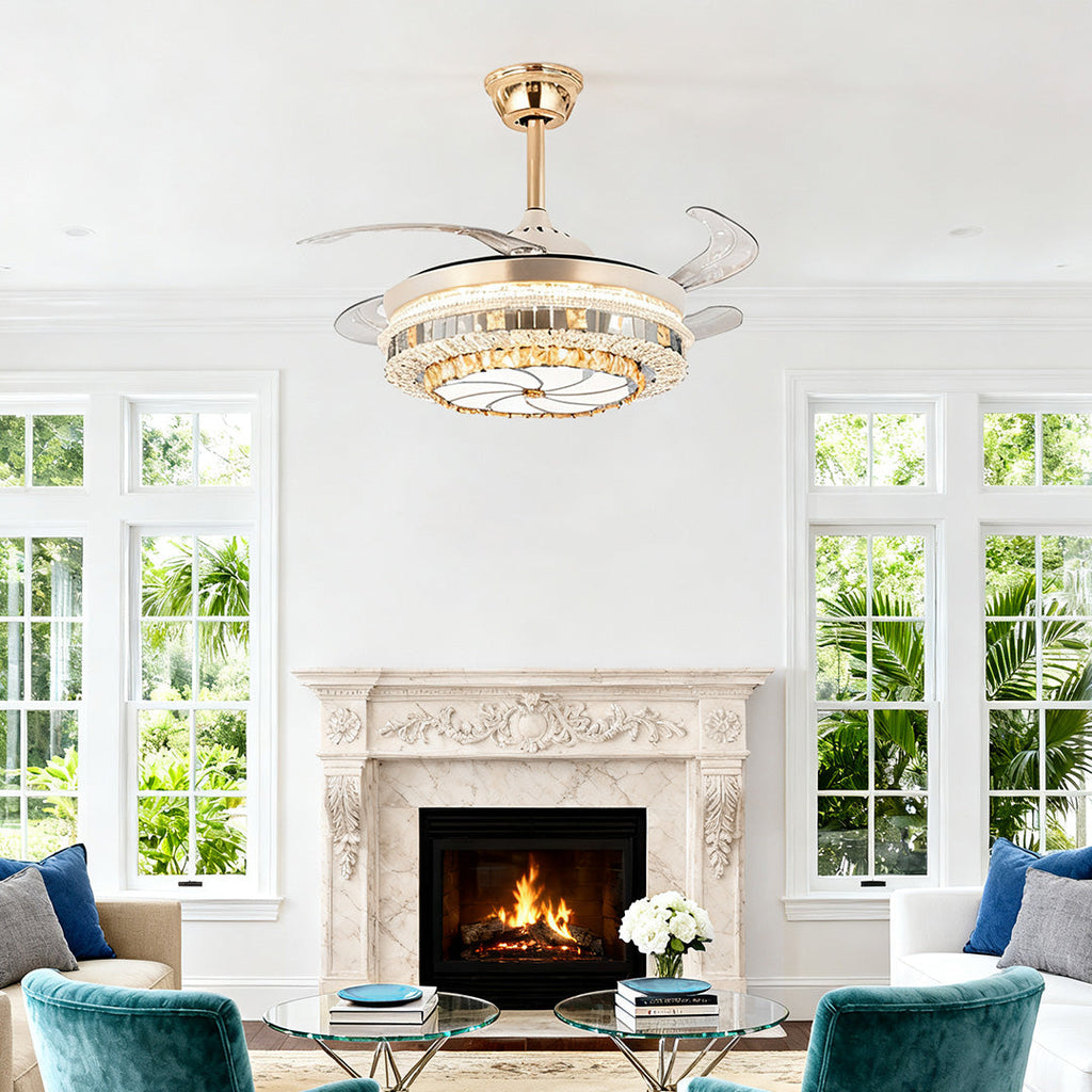 WINDSOR CRYSTAL-ENCRUSTED CEILING FAN WITH INVISIBLE LIGHTING AND FOUR BLADES