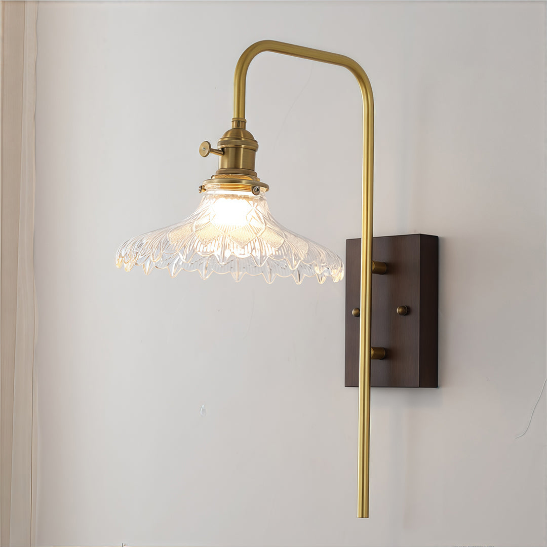 TAKASHI WAVE GLASS SCONCE WITH IRON FRAME AND RUBBERWOOD ACCENTS
