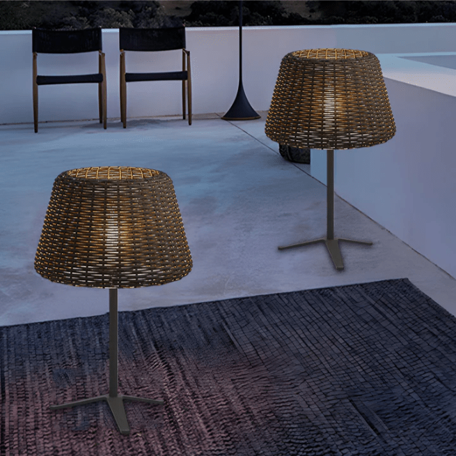 CHARLESTON WOVEN RATTAN OUTDOOR LANTERN FLOOR LIGHT WITH GROUND STAKE AND OPEN-TOP DESIGN