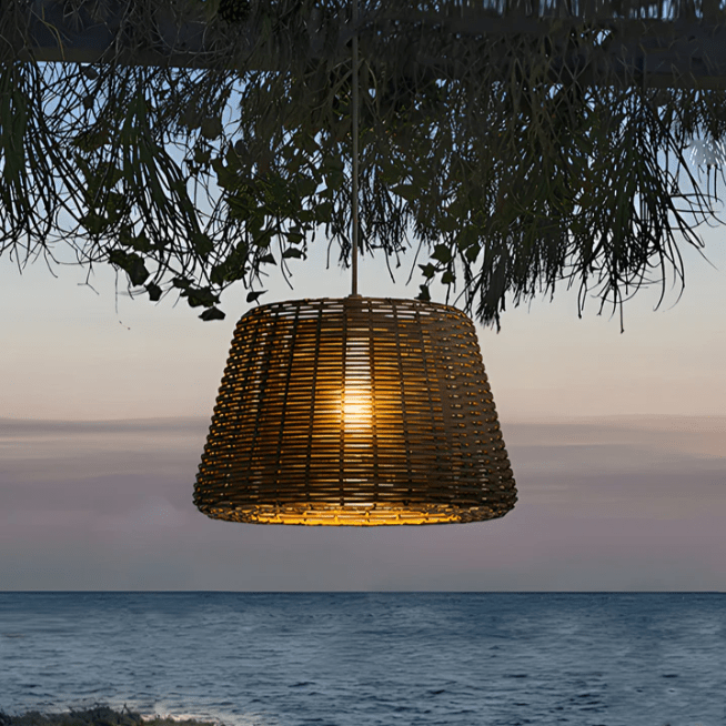 CHARLESTON WOVEN RATTAN OUTDOOR LANTERN FLOOR LIGHT WITH GROUND STAKE AND OPEN-TOP DESIGN