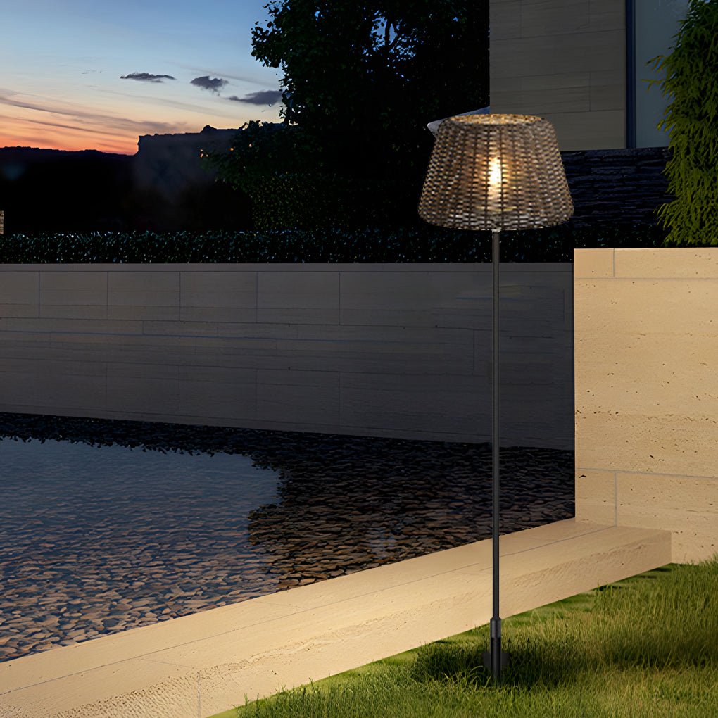 CHARLESTON WOVEN RATTAN OUTDOOR LANTERN FLOOR LIGHT WITH GROUND STAKE AND OPEN-TOP DESIGN