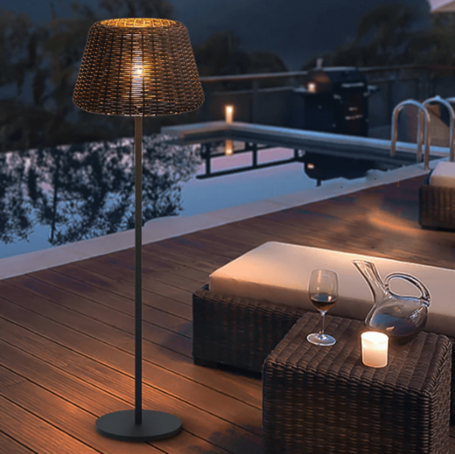 WINDSOR WOVEN RATTAN LED OUTDOOR LANTERN WITH STAKE AND OPEN-TOP ACCENT