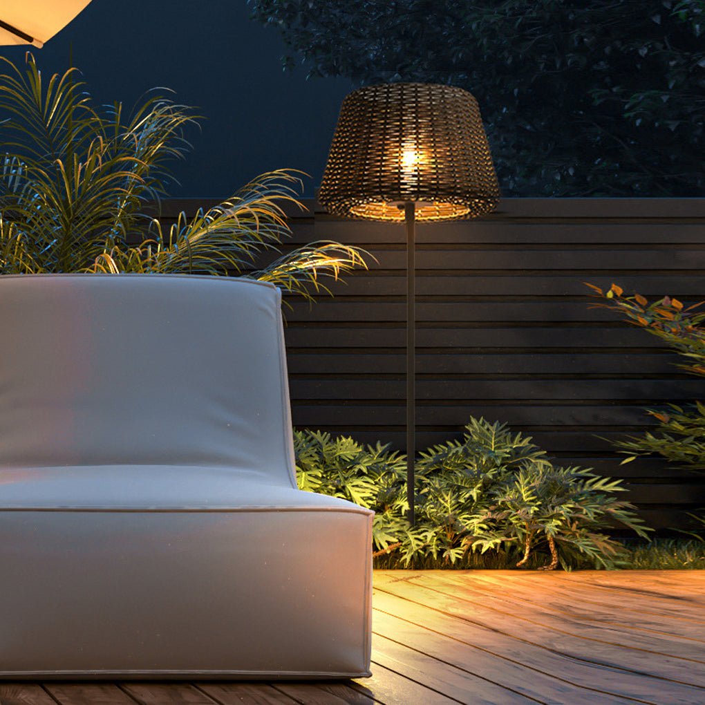 WINDSOR WOVEN RATTAN LED OUTDOOR LANTERN WITH STAKE AND OPEN-TOP ACCENT
