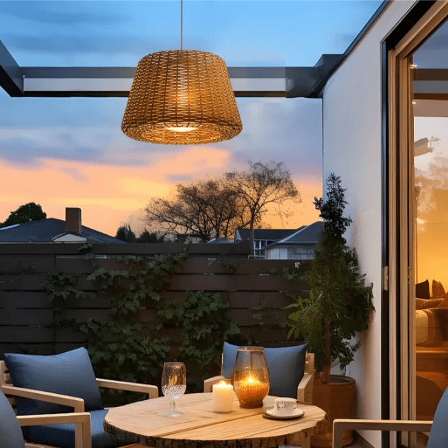 WINDSOR WOVEN RATTAN LED OUTDOOR LANTERN WITH STAKE AND OPEN-TOP ACCENT