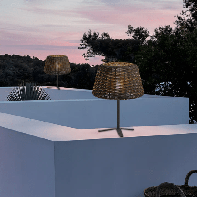 WINDSOR WOVEN RATTAN LED OUTDOOR LANTERN WITH STAKE AND OPEN-TOP ACCENT