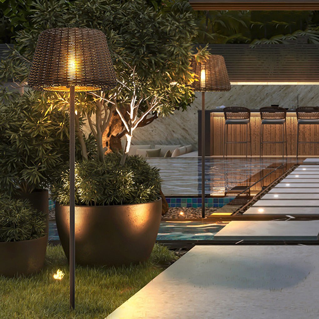 WINDSOR WOVEN RATTAN LED OUTDOOR LANTERN WITH STAKE AND OPEN-TOP ACCENT