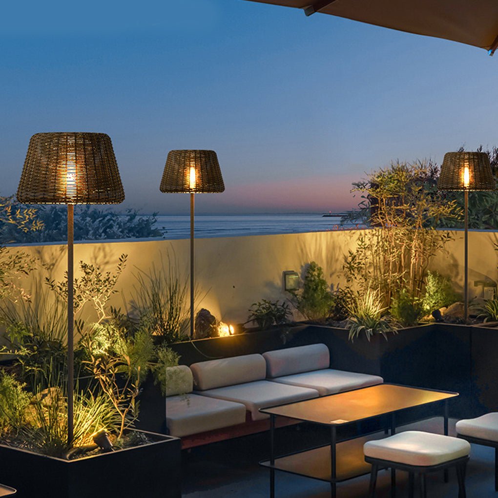 WINDSOR WOVEN RATTAN LED OUTDOOR LANTERN WITH STAKE AND OPEN-TOP ACCENT