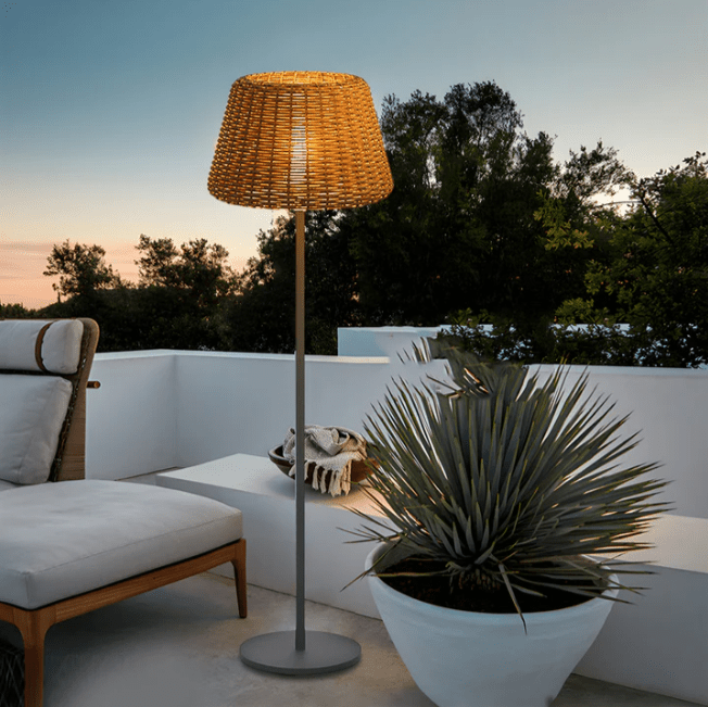 WINDSOR WOVEN RATTAN LED OUTDOOR LANTERN WITH STAKE AND OPEN-TOP ACCENT