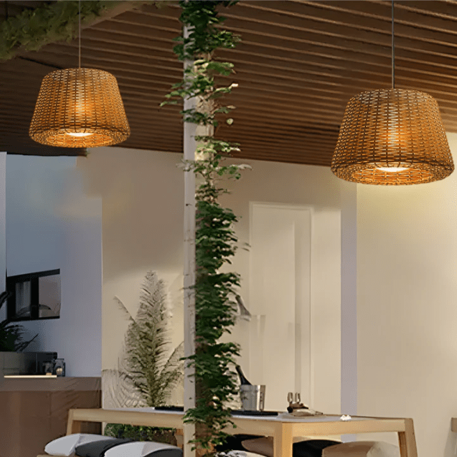 WINDSOR WOVEN RATTAN LED OUTDOOR LANTERN WITH STAKE AND OPEN-TOP ACCENT