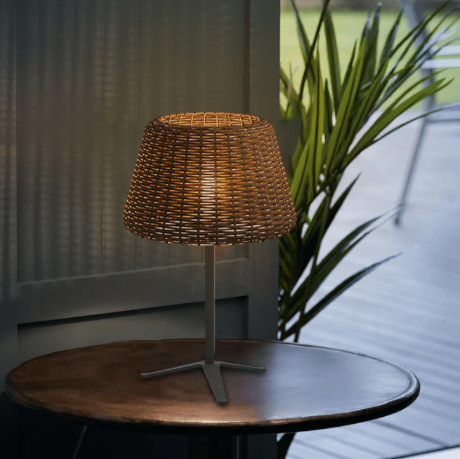 WINDSOR WOVEN RATTAN LED OUTDOOR LANTERN WITH STAKE AND OPEN-TOP ACCENT