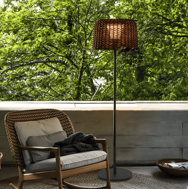WINDSOR WOVEN RATTAN LED OUTDOOR LANTERN WITH STAKE AND OPEN-TOP ACCENT