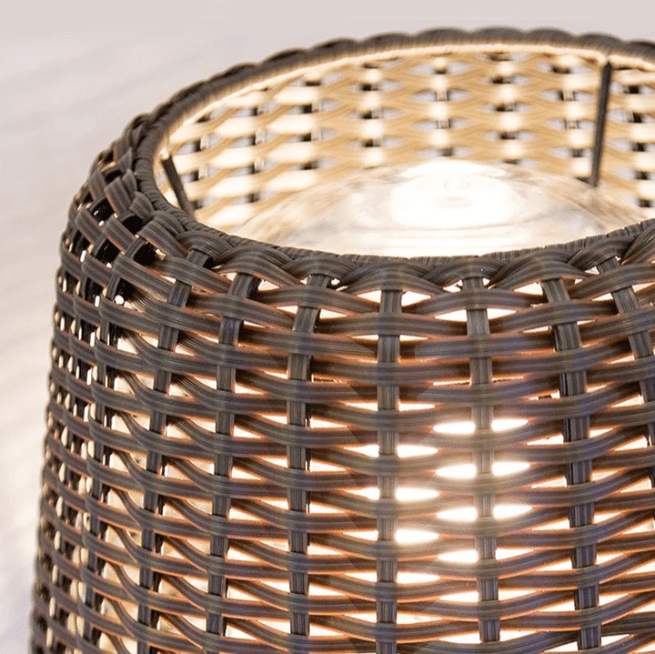 WINDSOR WOVEN RATTAN LED OUTDOOR LANTERN WITH STAKE AND OPEN-TOP ACCENT