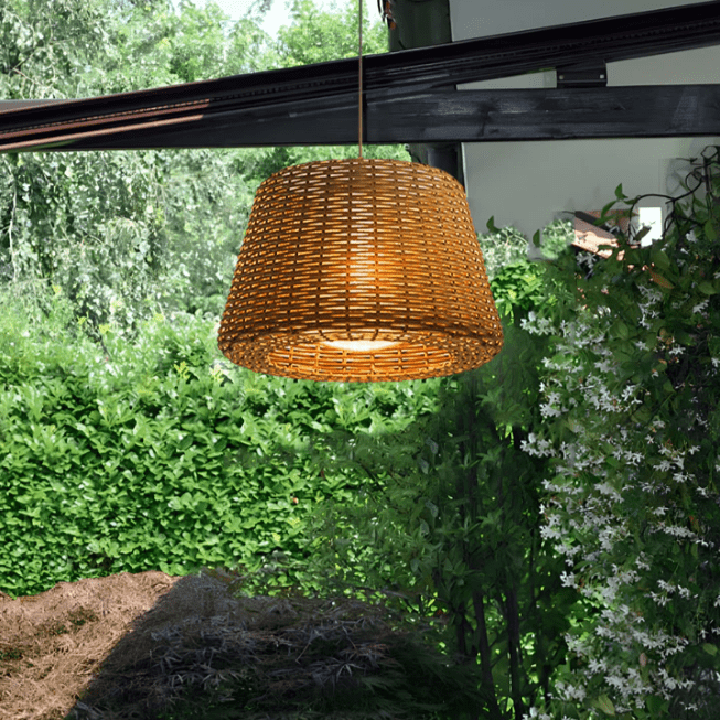 CHARLESTON WOVEN RATTAN OUTDOOR LANTERN FLOOR LIGHT WITH GROUND STAKE AND OPEN-TOP DESIGN
