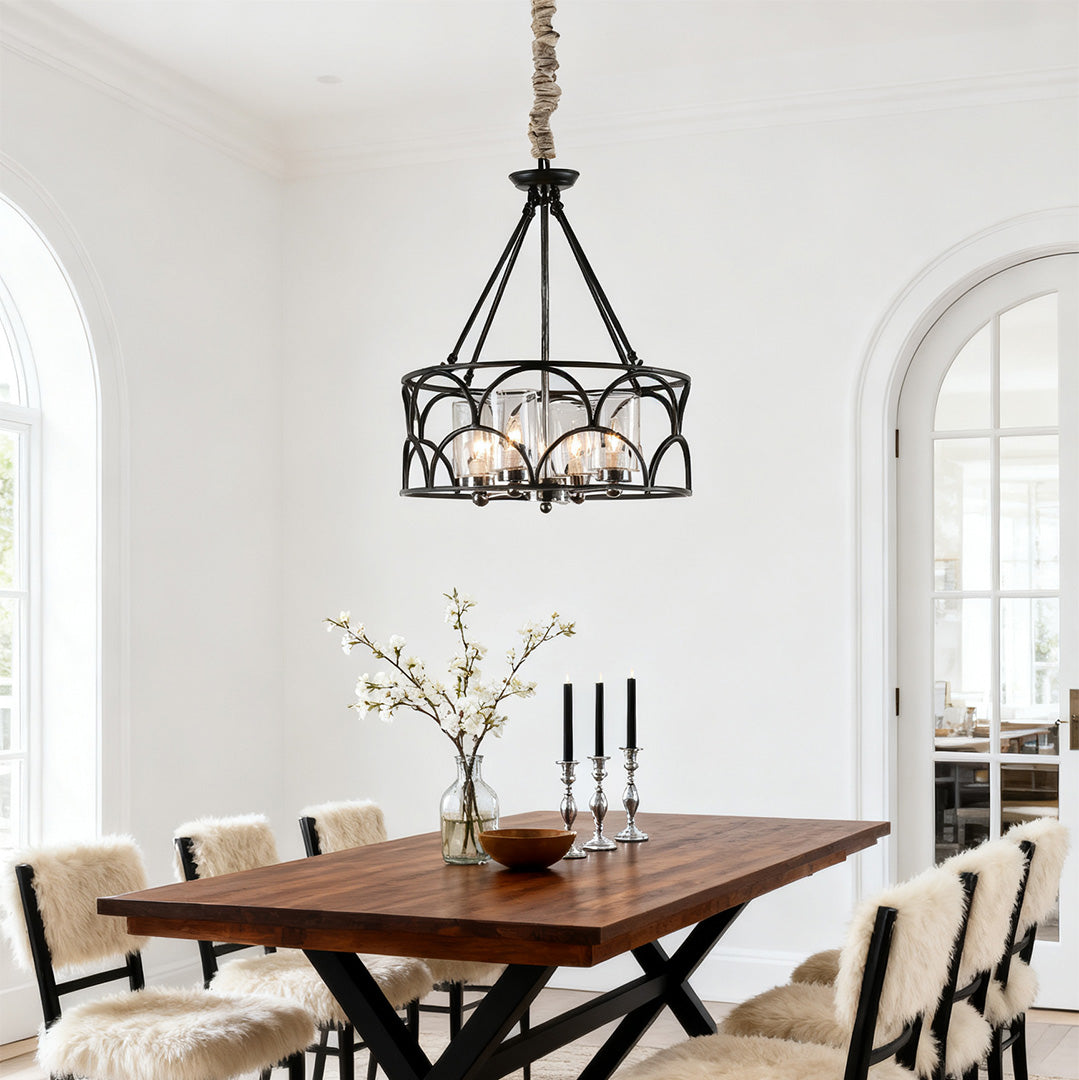 WINTHROP VINTAGE BLACK METAL AND GLASS CEILING CHANDELIER