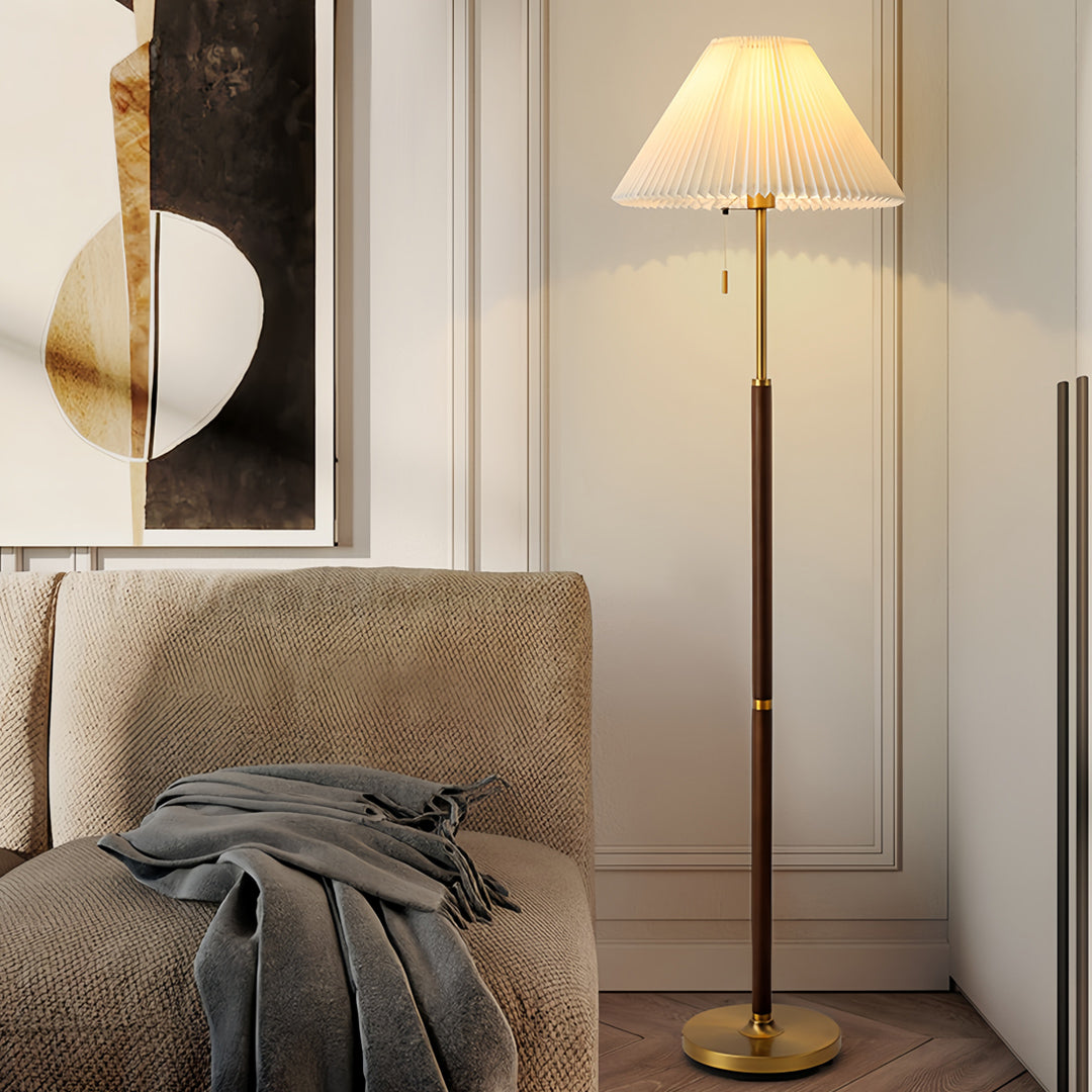 FENWICK WOODEN FLOOR LANTERN WITH PLEATED TEXTILE SHADE