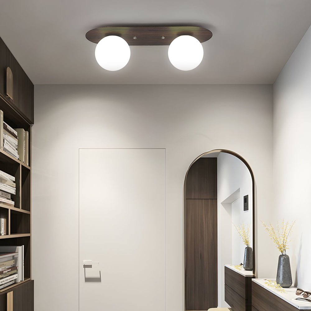 WINTERBOURNE WALNUT FLUSH CEILING LAMP WITH MILKY WHITE ORBS