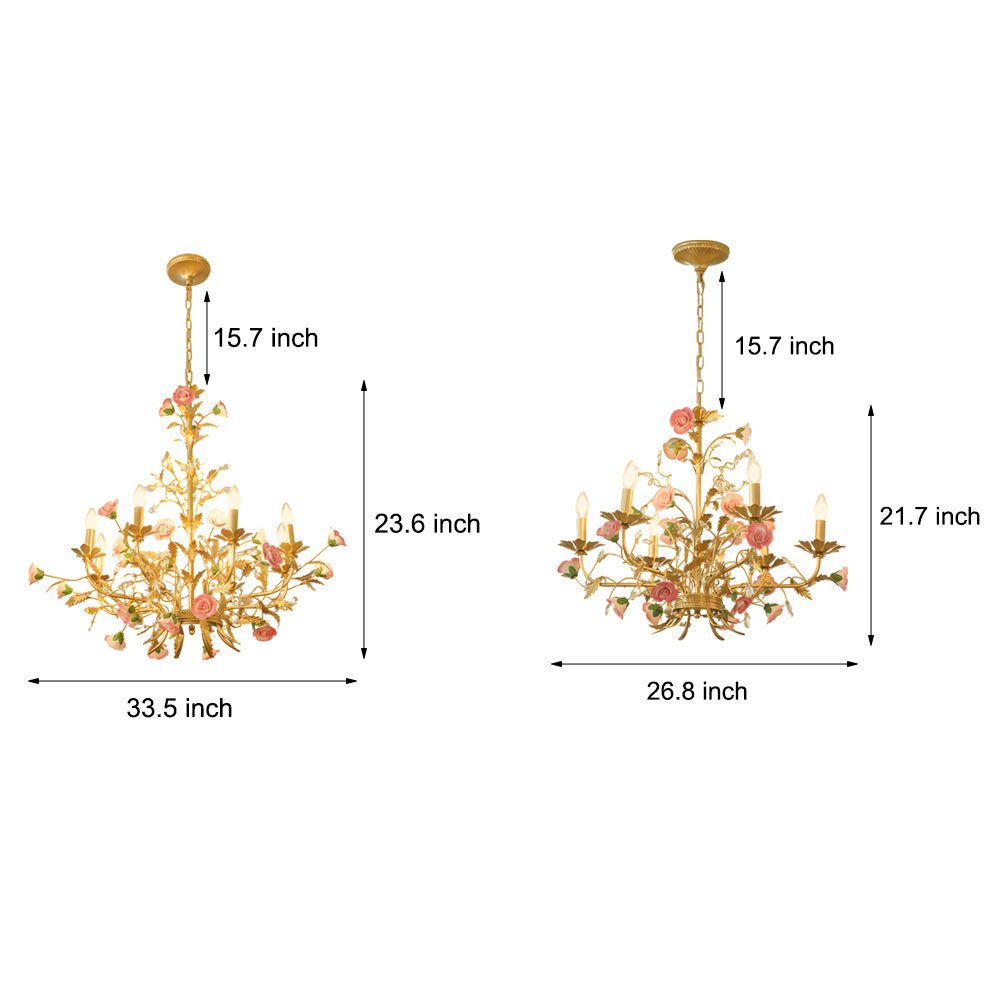 RAVENSTONE PINK ROSE CERAMIC CHANDELIER: 6/8-LIGHT CANDLELIT COUNTRY ELEGANCE