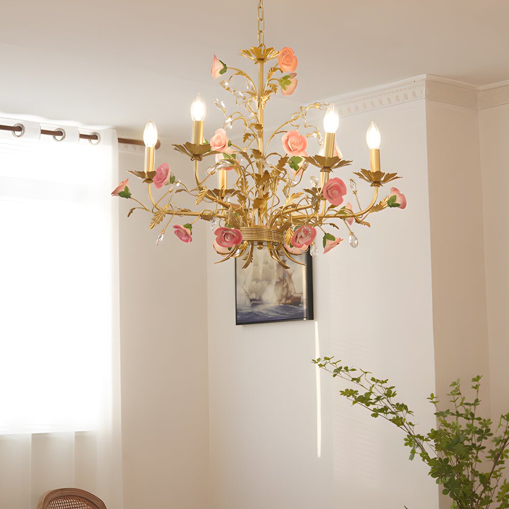 RAVENSTONE PINK ROSE CERAMIC CHANDELIER: 6/8-LIGHT CANDLELIT COUNTRY ELEGANCE
