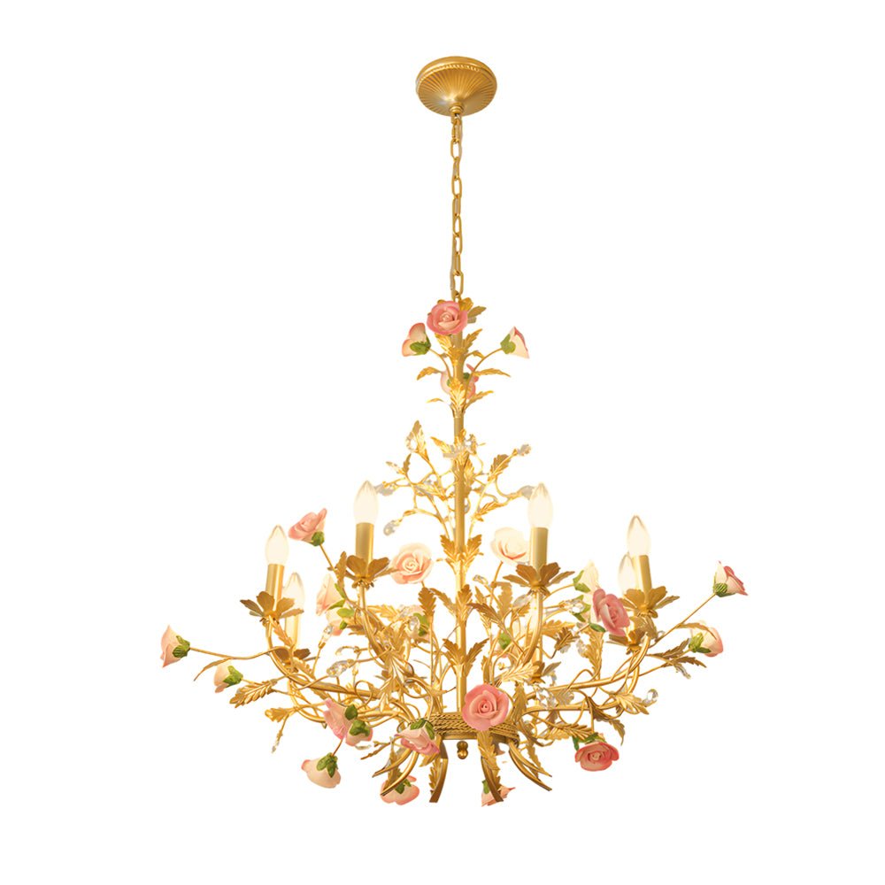 RAVENSTONE PINK ROSE CERAMIC CHANDELIER: 6/8-LIGHT CANDLELIT COUNTRY ELEGANCE