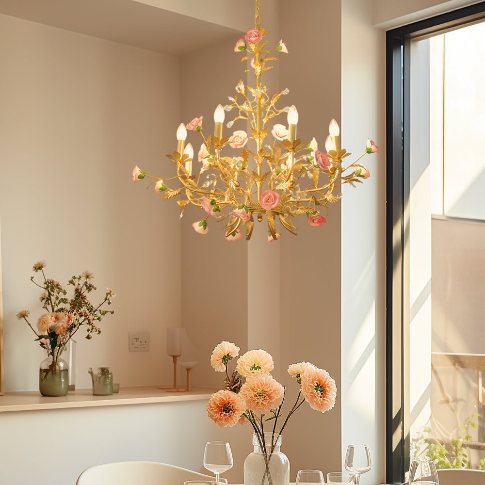 RAVENSTONE PINK ROSE CERAMIC CHANDELIER: 6/8-LIGHT CANDLELIT COUNTRY ELEGANCE