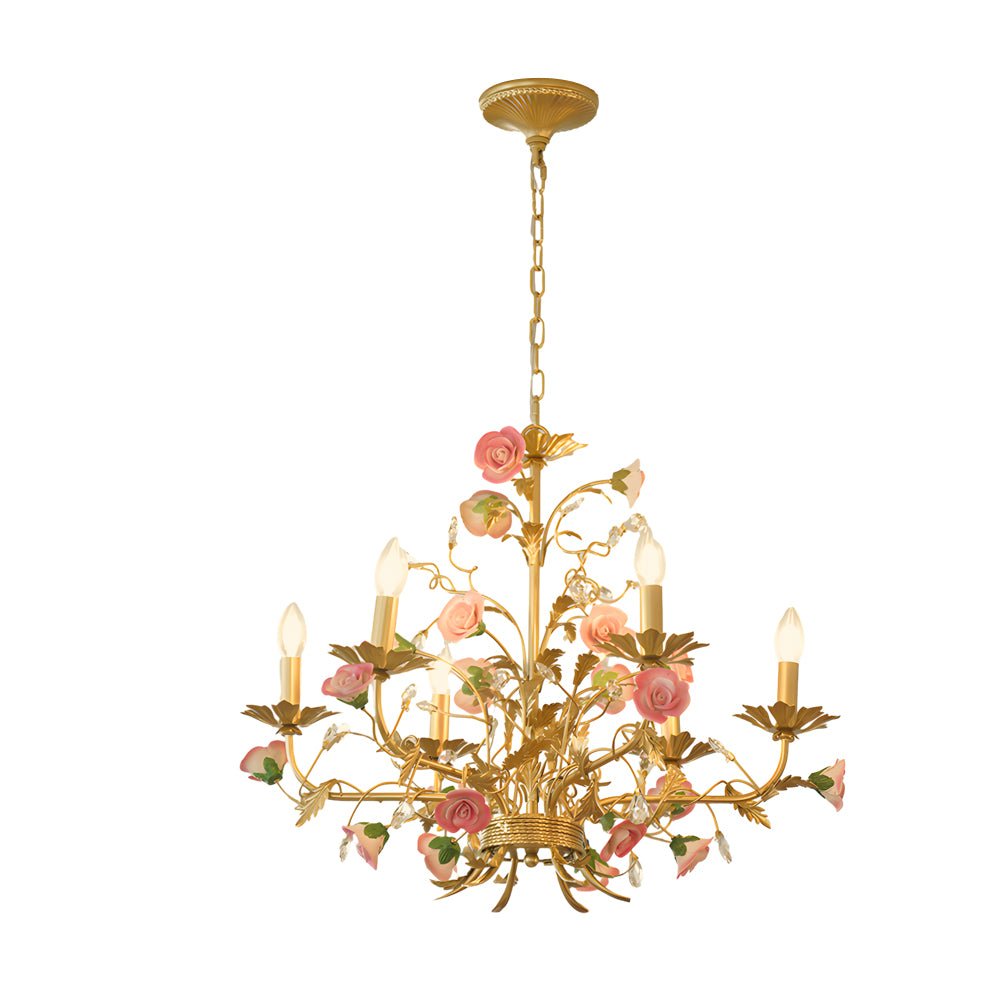 RAVENSTONE PINK ROSE CERAMIC CHANDELIER: 6/8-LIGHT CANDLELIT COUNTRY ELEGANCE
