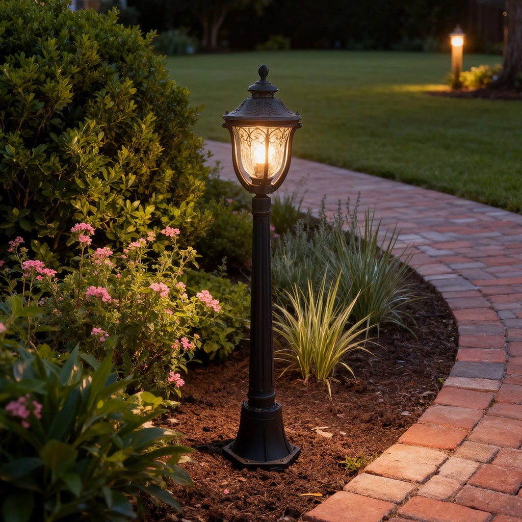 WHITBY ALUMINUM GARDEN BOLLARD WITH GLASS LANTERN SHADE