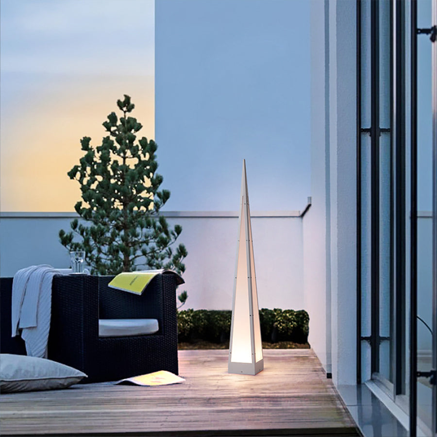 WINTHROP PYRAMIDAL STAINLESS STEEL FLOOR LAMP WITH WATER-RESISTANT DESIGN