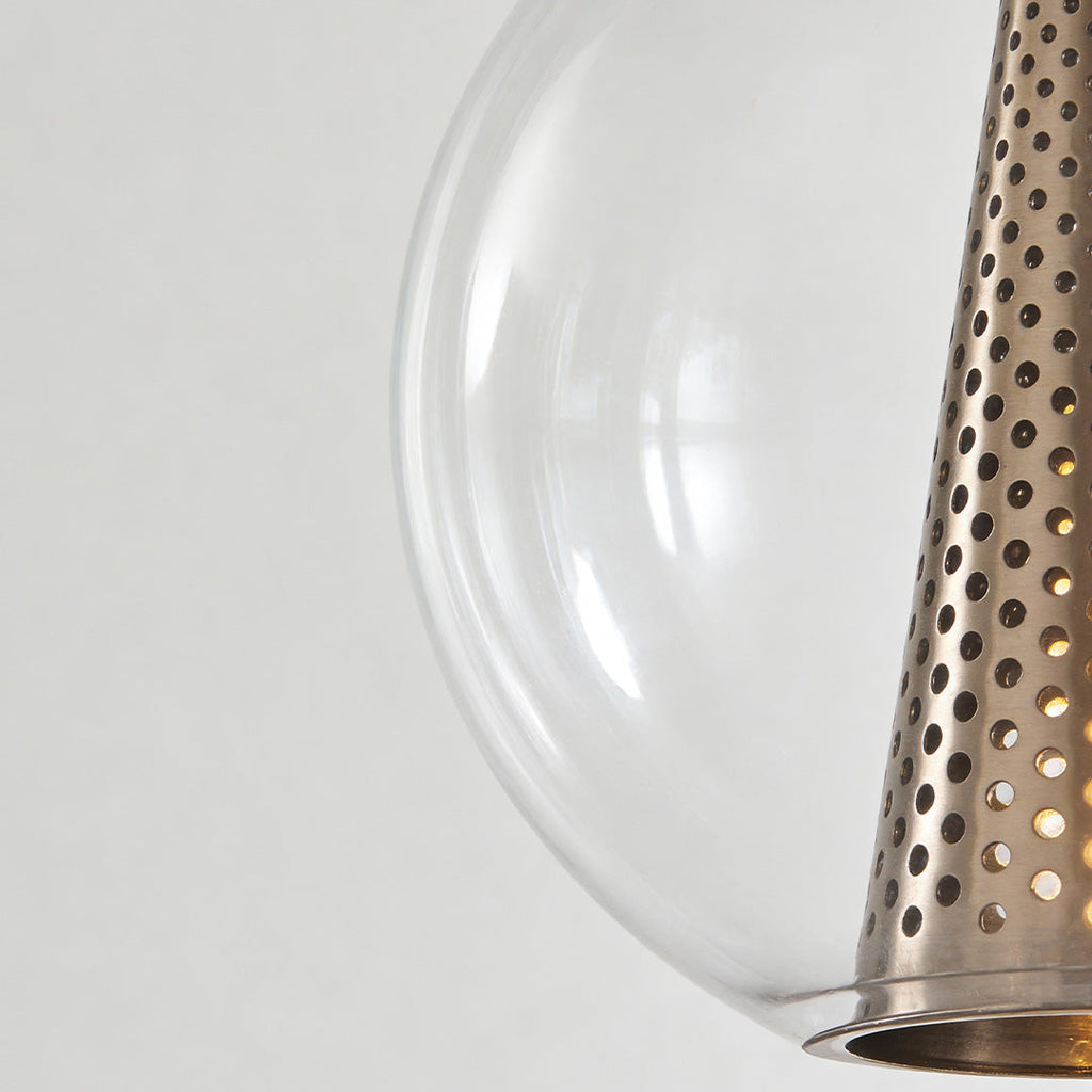 WINDSOR PERFORATED METAL CONE AND GLASS ORB PENDANT LIGHT