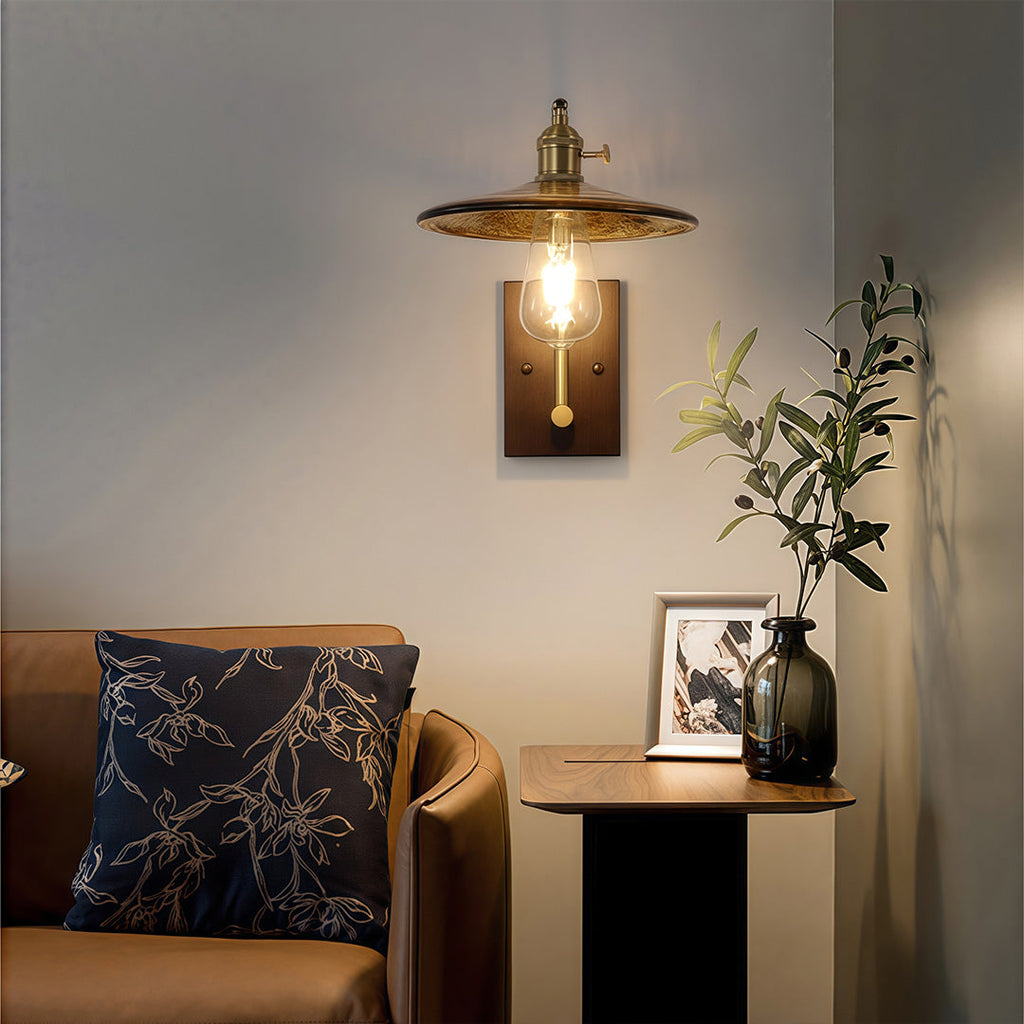 TAKASHI WAVE GLASS SCONCE WITH IRON FRAME AND RUBBERWOOD ACCENTS