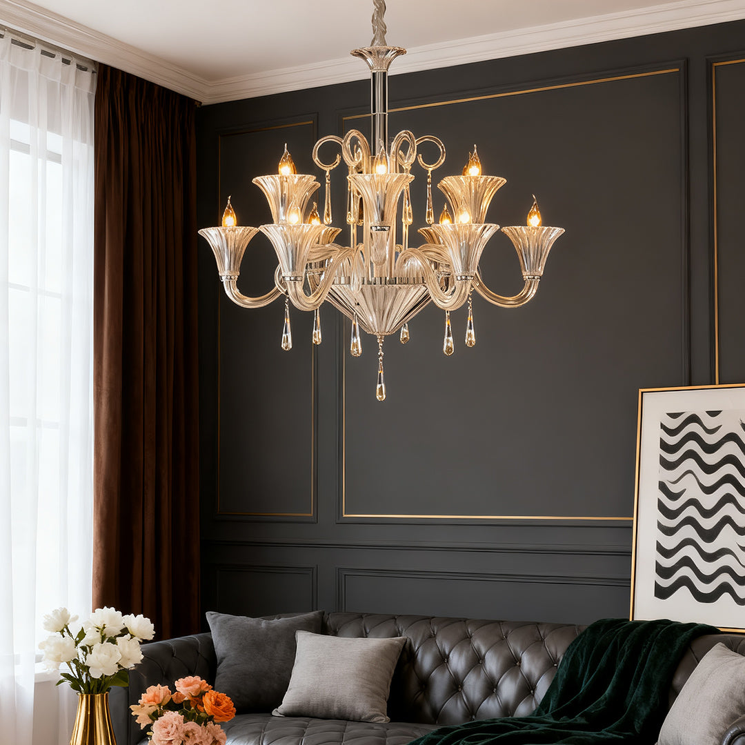 1. **LAVENDULA CRYSTAL SPIRAL CHANDELIER** - A stunning cascade of hand-blown glass in soft lavender hues, designed to illuminate spaces with a graceful twist.

2. **WILLOWSHIRE ARTISAN GLASS CEILING LANTERN** - A captivating blend of intricate glasswork