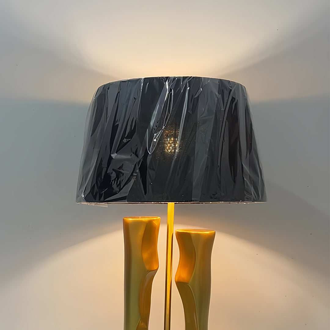 RAVENWOOD GOLDEN HORIZON TABLE LANTERN WITH SCULPTED BASE AND DRUM SHADE