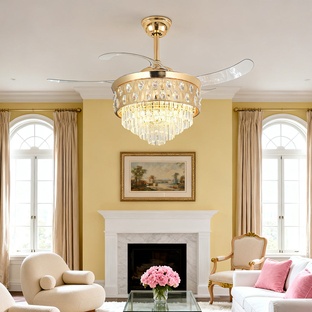 CHARLESTON CRYSTAL FROSTED CEILING FAN WITH GOLD IRON FRAME
