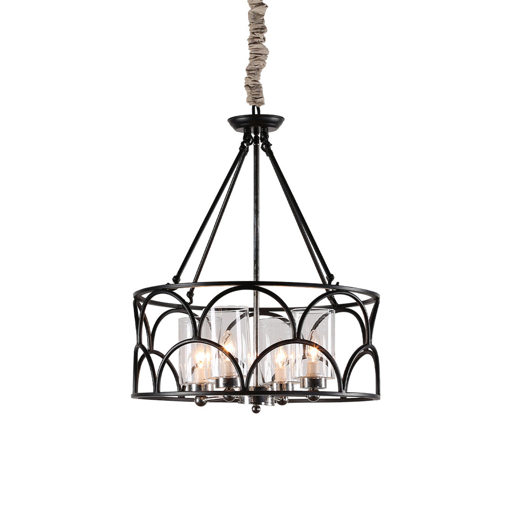 WINTHROP VINTAGE BLACK METAL AND GLASS CEILING CHANDELIER